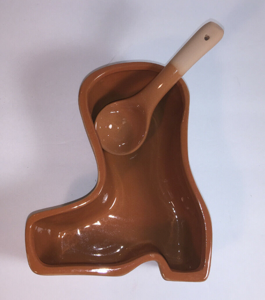 SOUTHWESTERN TERRACOTTA WESTERN BOOT SALSA DISH WITH MATCHING SPOON