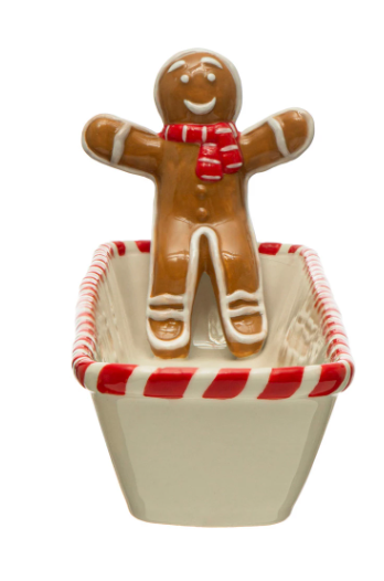 HAND PAINTED CERAMIC CRACKER DISH W/CANDY CANE & GINGERBREAD MAN