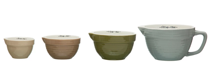 STONEWARE BATTER BOWL MEASURING CUPS - SET OF 4 IN DIFFERENT COLORS