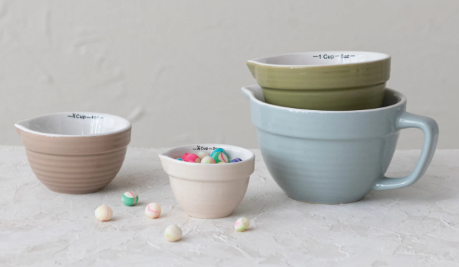 STONEWARE BATTER BOWL MEASURING CUPS - SET OF 4 IN DIFFERENT COLORS