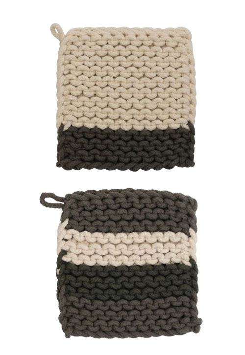 POT HOLDER HAND CROCHETED COTTON  - CHARCOAL/CREAM