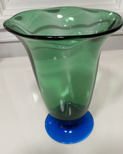 ORREFORS, LOUISE GREEN & COBALT VASE BY ERIKA LAGERBIELKE, SWEDEN