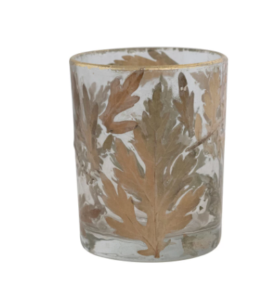 3" ROUND x 4"H GLASS VOTIVE HOLDER W/EMBEDDED NATURAL OAK LEAVES W/ GOLD RIM