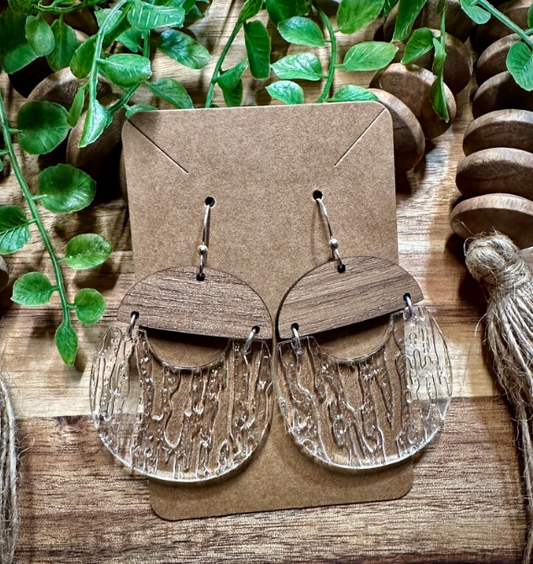 FIDDLE & GRACE WOOD AND CLEAR ACRYLIC DANGLE EARRINGS - WALNUT