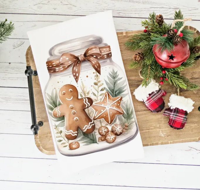 CHRISTMAS WATERCOLOR GINGERBREAD IN JAR KITCHEN TOWEL