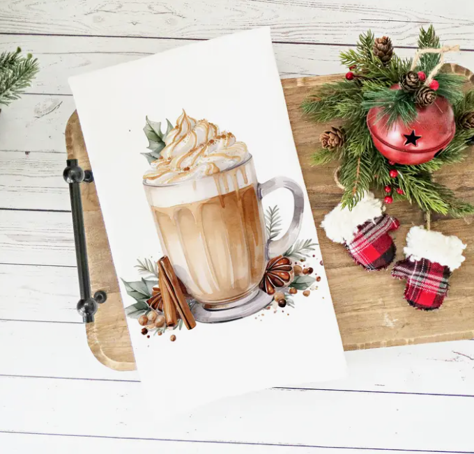 CHRISTMAS WATERCOLOR TALL LATTE COFFEE KITCHEN TOWEL