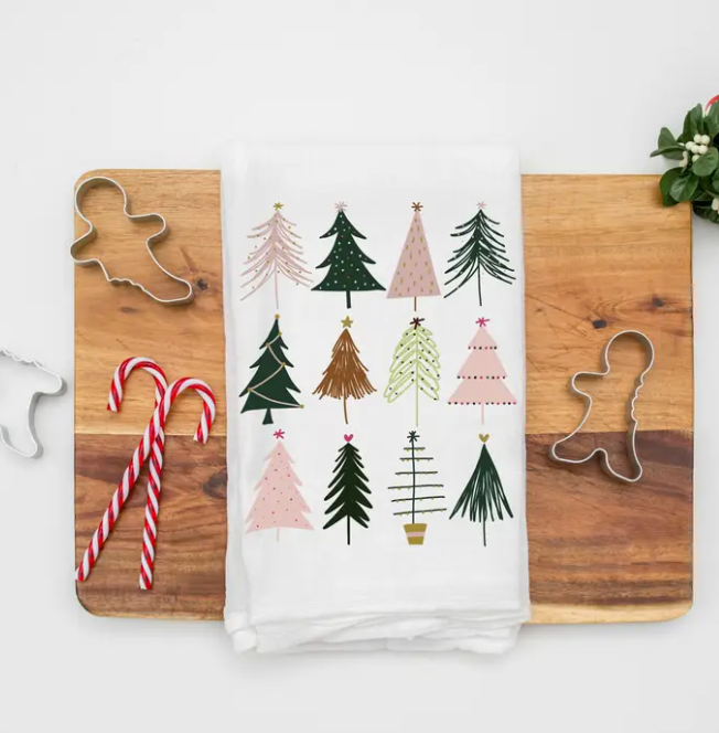 WATERCOLOR BOHO CHRISTMAS TREES KITCHEN TOWEL