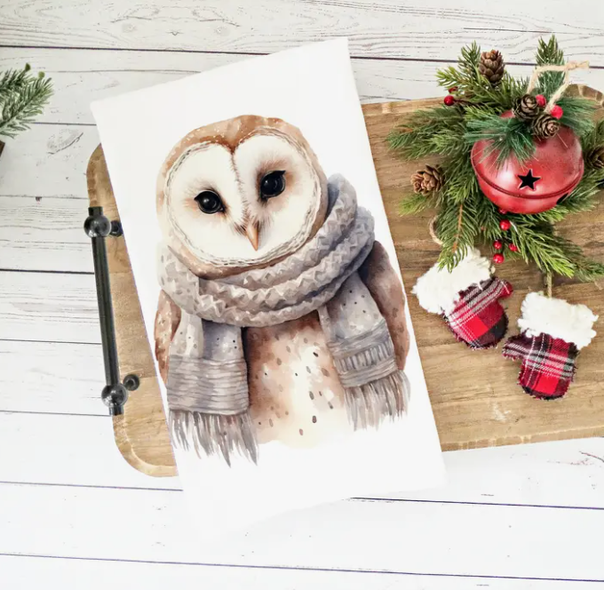 CHRISTMAS WATERCOLOR OWL KITCHEN TOWEL