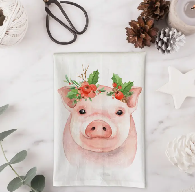 WATERCOLOR CHRISTMAS PIG KITCHEN TOWEL