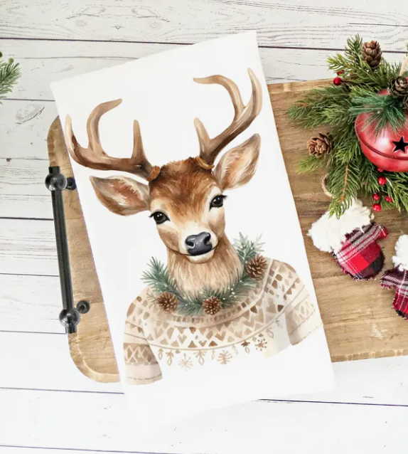 CHRISTMAS WATERCOLOR DEER KITCHEN TOWEL