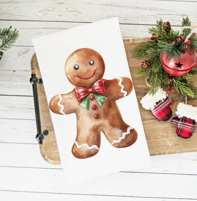 CHRISTMAS WATERCOLOR GINGERBREAD MAN KITCHEN TOWEL