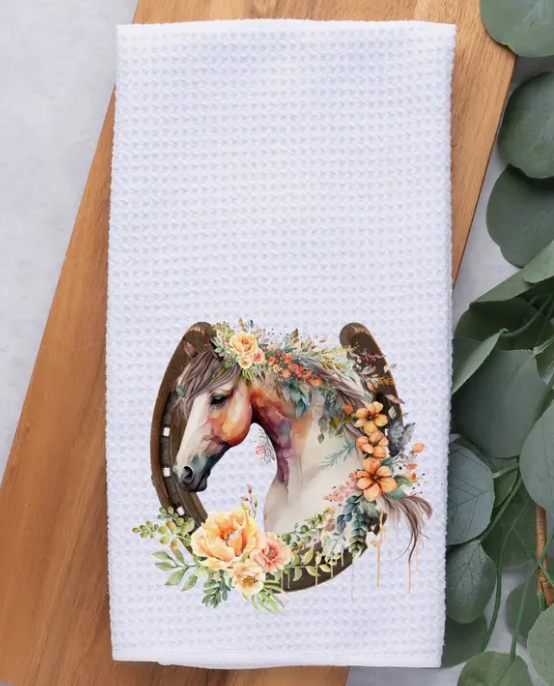 FLORAL EQUINE HORSESHOE KITCHEN TOWEL