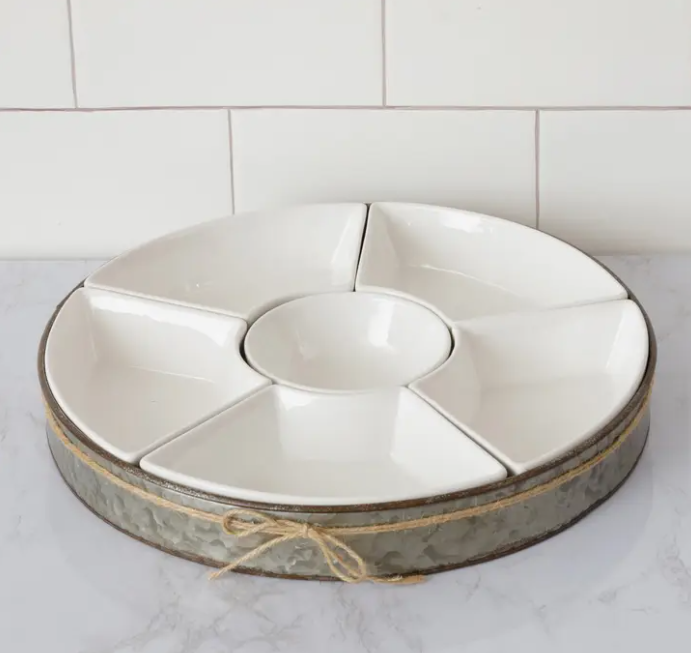 CERAMIC 6 SECTION DIP BOWL SET WITH METAL TRAY