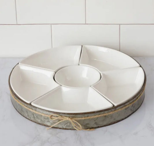 CERAMIC 6 SECTION DIP BOWL SET WITH METAL TRAY