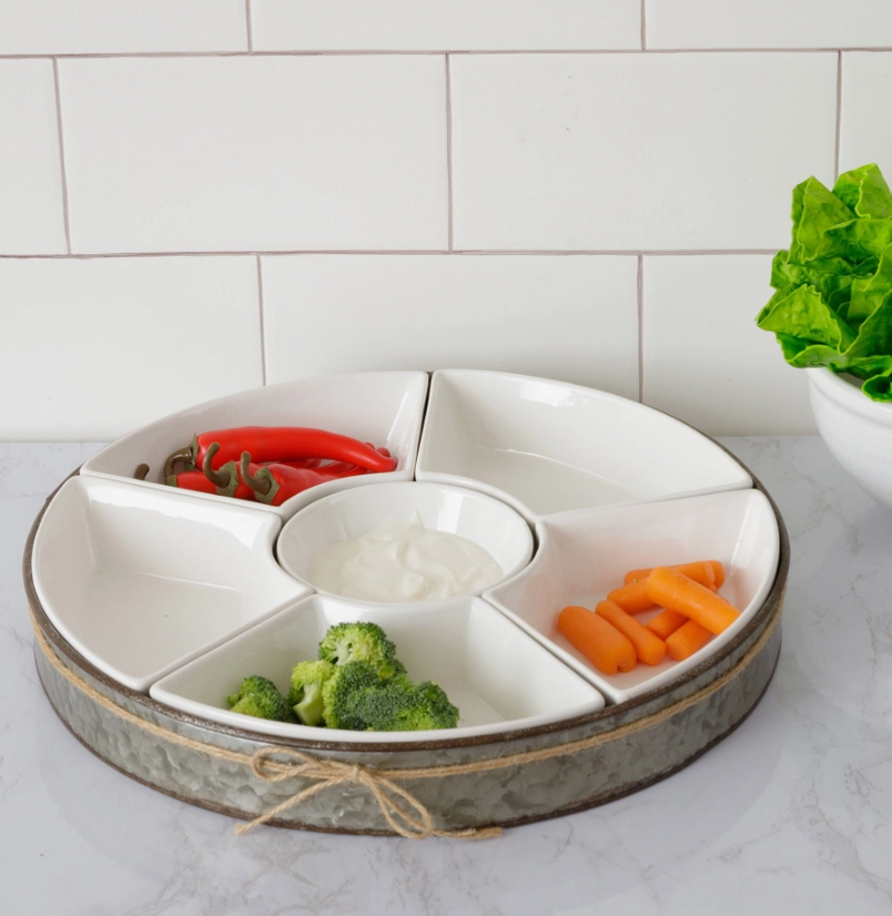 CERAMIC 6 SECTION DIP BOWL SET WITH METAL TRAY