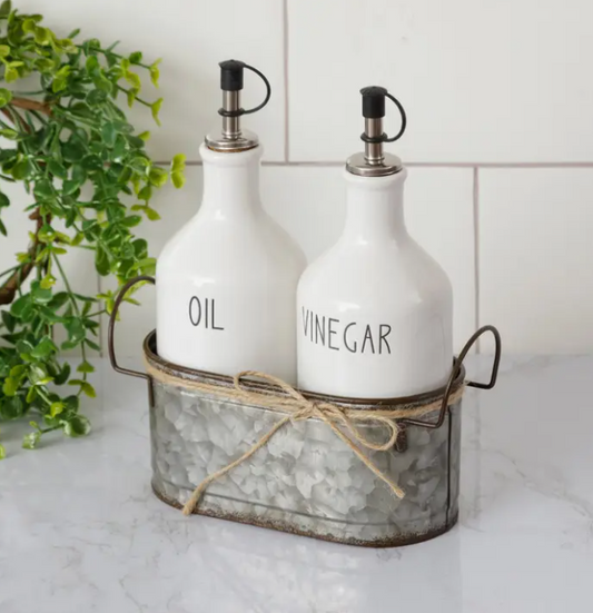 CERAMIC OIL AND VINEGAR CRUETS WITH GALVANIZED CADDY