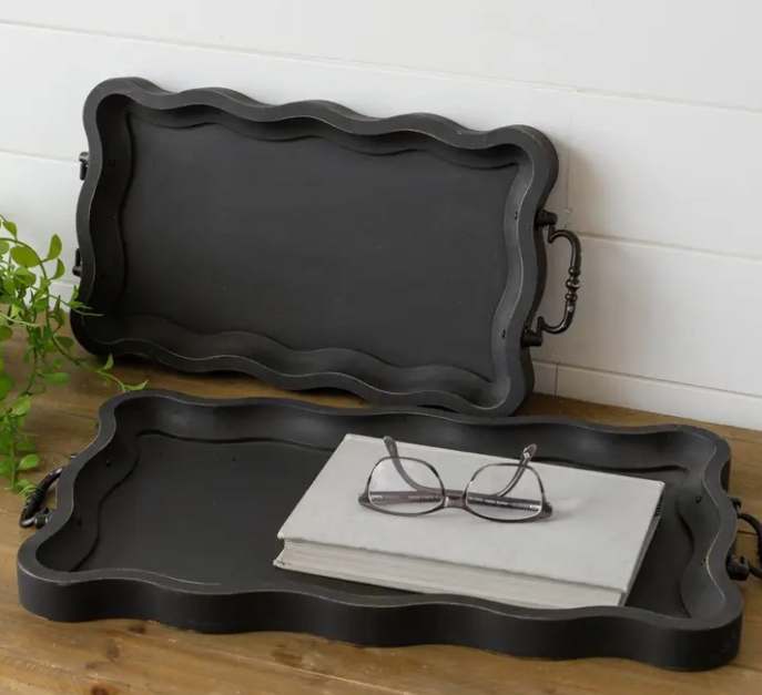 BLACK WOOD SCALLOPED EDGE TRAYS - ASSORTED SIZES