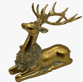 CHRISTMAS GOLD REINDEER STATUE WITH POINSETTIA WREATH