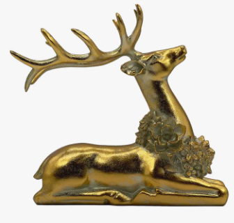 CHRISTMAS GOLD REINDEER STATUE WITH POINSETTIA WREATH