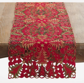 CHRISTMAS TREE CUTWORK RED TABLE RUNNER