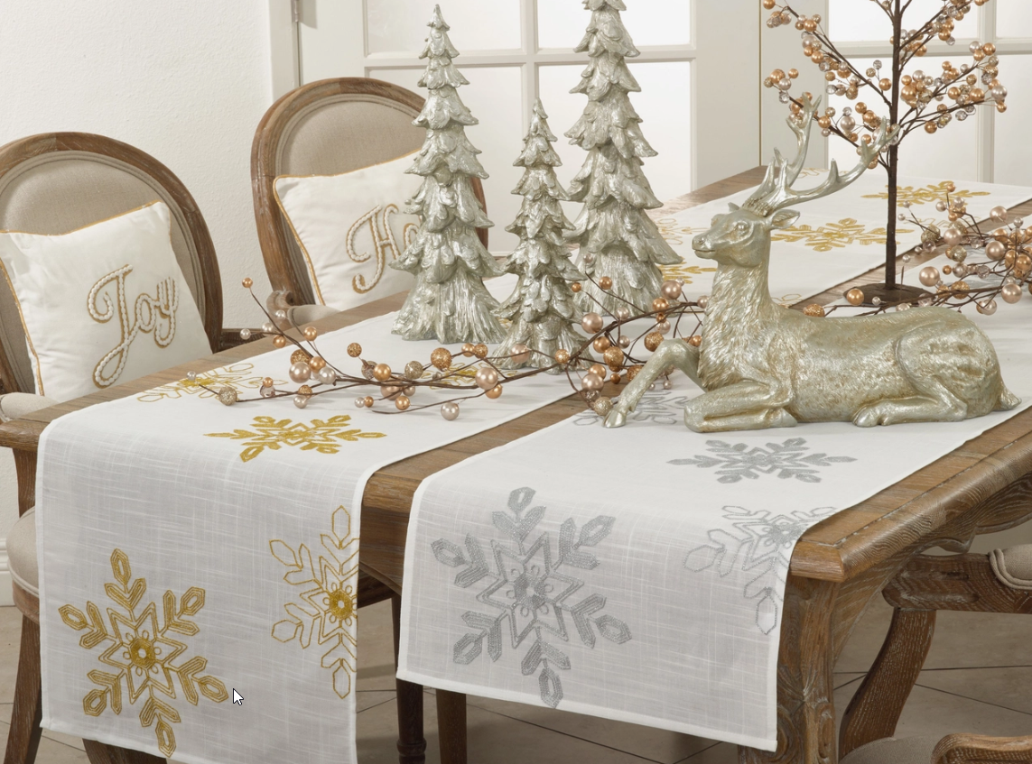 EMBROIDERED SNOWFLAKE WHITE TABLE RUNNER - ASSORTED COLORS - 16"X90"