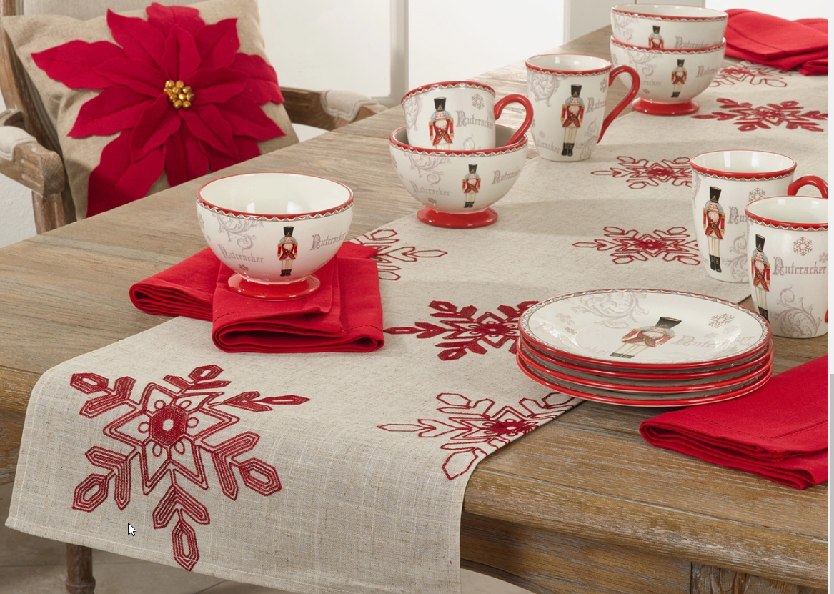 RED EMBROIDERED SNOWFLAKE NATURAL TABLE RUNNER