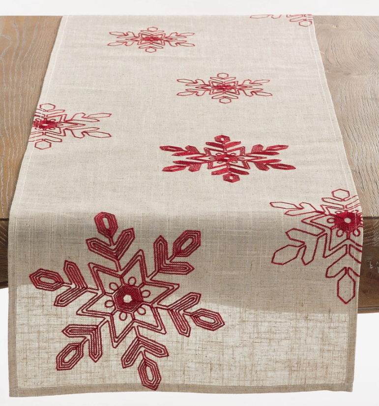 RED EMBROIDERED SNOWFLAKE NATURAL TABLE RUNNER