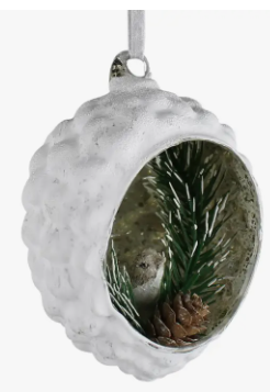 WHITE PINECONE DIORAMA GLASS ORNAMENT - ASSORTED STYLES