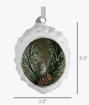 WHITE PINECONE DIORAMA GLASS ORNAMENT - ASSORTED STYLES