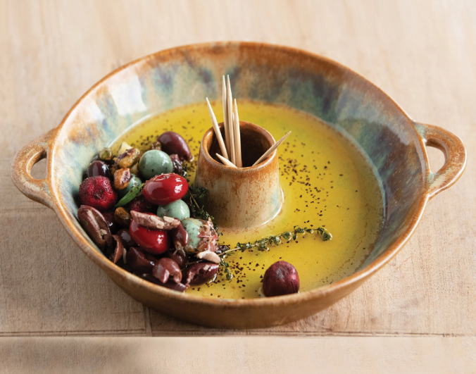 STONEWARE SERVING DISH WITH TOOTHPICK HOLDER