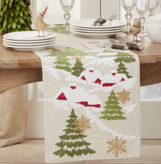 EMBROIDERED CHRISTMAS MOUNTAIN NATURAL TABLE RUNNER