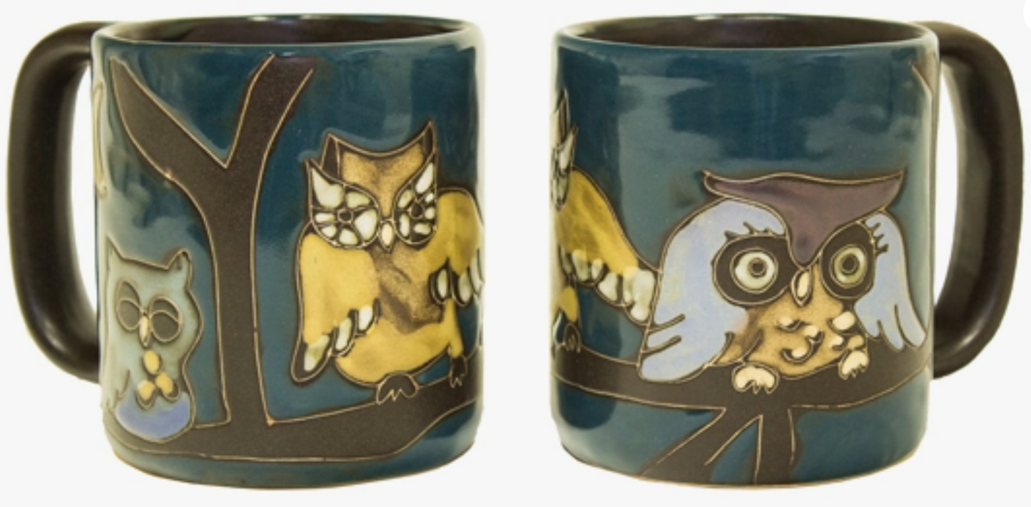 MARA STONEWARE OWLS ON A BRANCH MUG