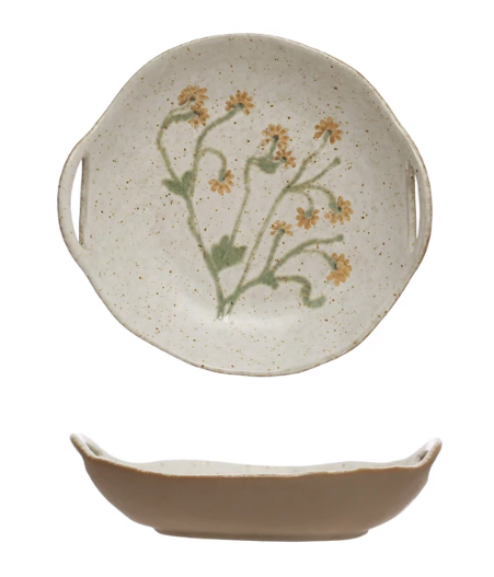 BLOOMINGVILLE HAND PAINTED STONEWARE BOWL WITH HANDLES W/BOTANICALS