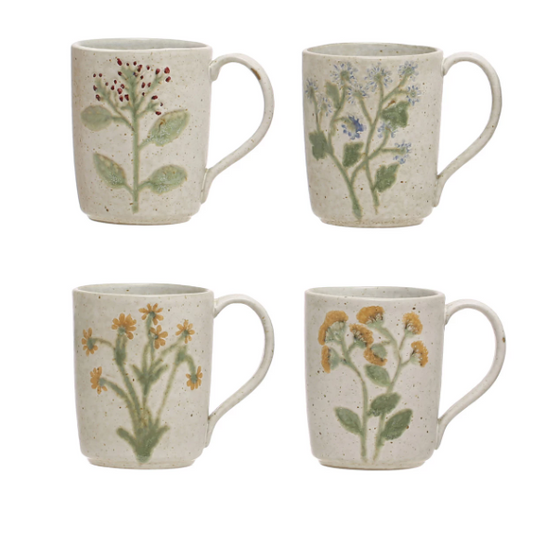 HAND PAINTED STONEWARE MUG W/ BOTANICAL - 4 STYLES