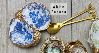 SALT & PEPPER DECOUPAGE OYSTER SHELL DISH WITH GOLD SPOONS