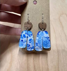 FIDDLE & GRACE BLUE FLORAL PATTERN ACRYLIC EARRINGS