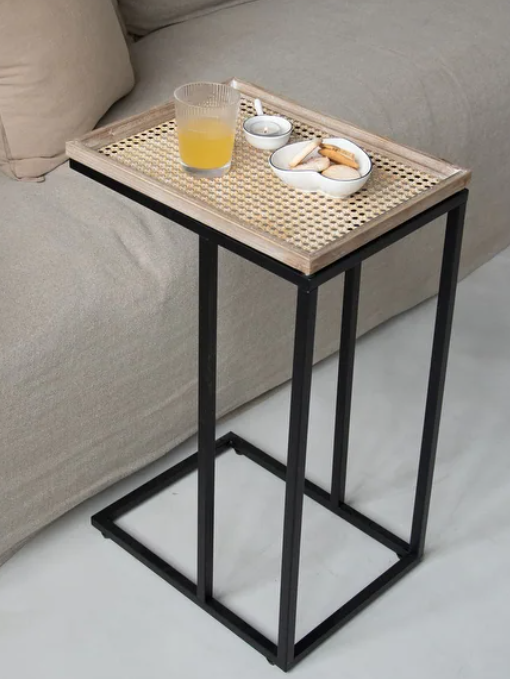 FARMHOUSE MODERN C TABLE WITH BLACK METAL BASE WITH DISTRESSED WOVEN TRAY TOP