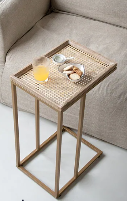 FARMHOUSE MODERN C TABLE WITH BLACK METAL BASE WITH DISTRESSED WOVEN TRAY TOP