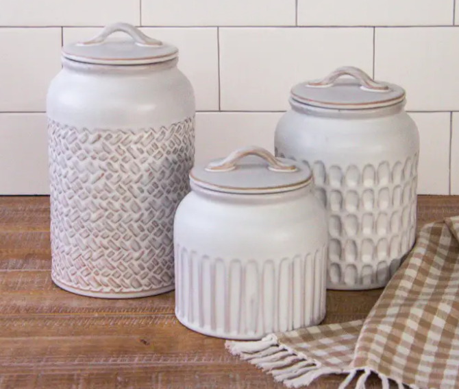 WHITE GLAZE STONEWARE CANISTERS - SET OF 3