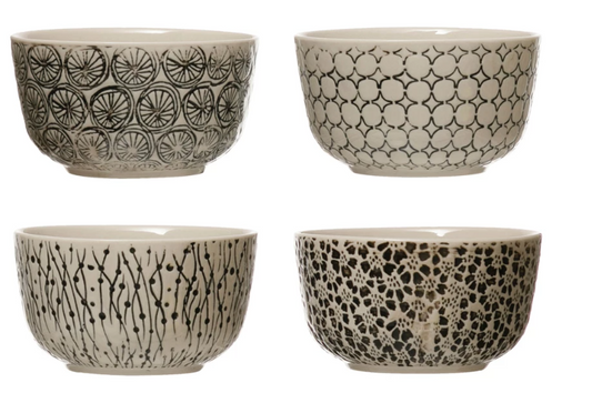 HAND-STAMPED BLACK & CREAM PATTERNED BOWL - 4 STYLES