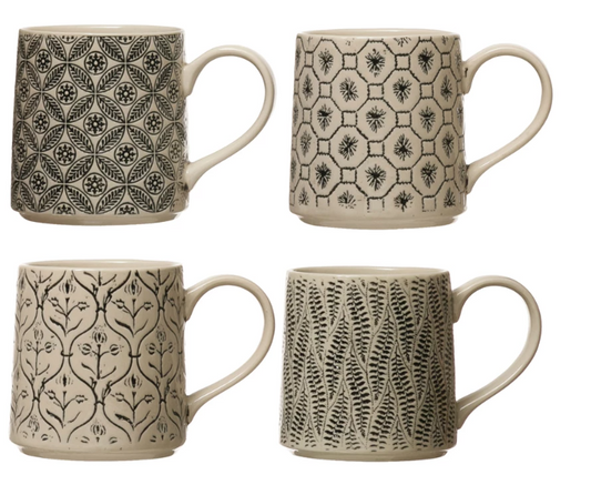 HAND-STAMPED BLACK & CREAM PATTERNED MUG - 4 STYLES