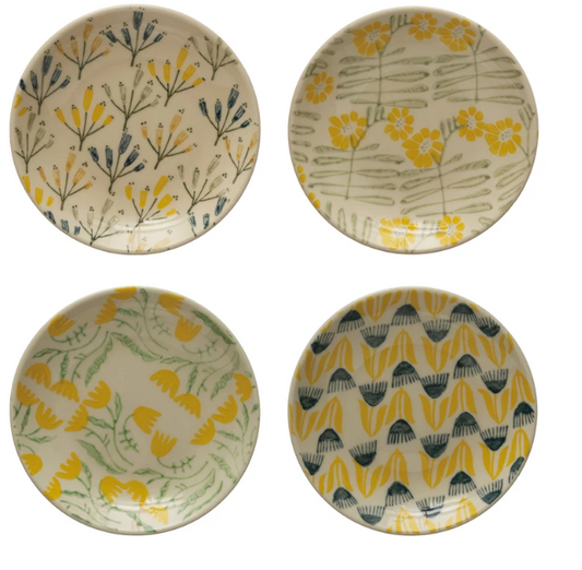 HAND-STAMPED BRIGHT COLOR FLORAL PATTERNED STONEWARE PLATES- 4 STYLES