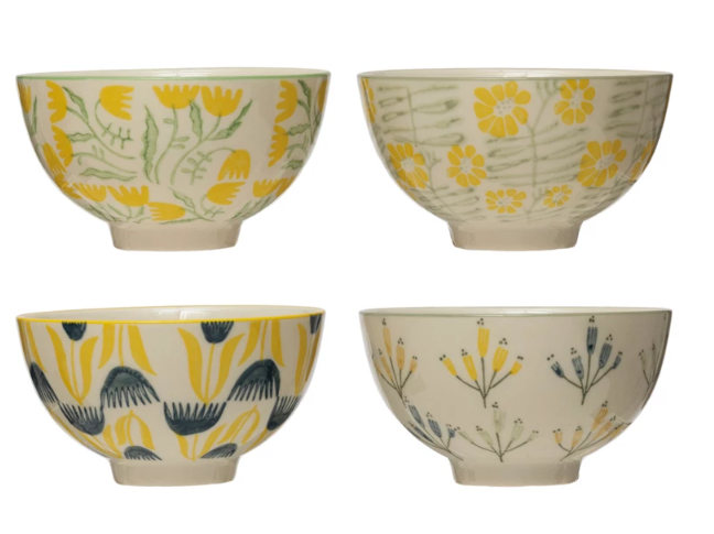 HAND-STAMPED BRIGHT COLOR FLORAL PATTERNED STONEWARE LARGE BOWLS - 4 STYLES