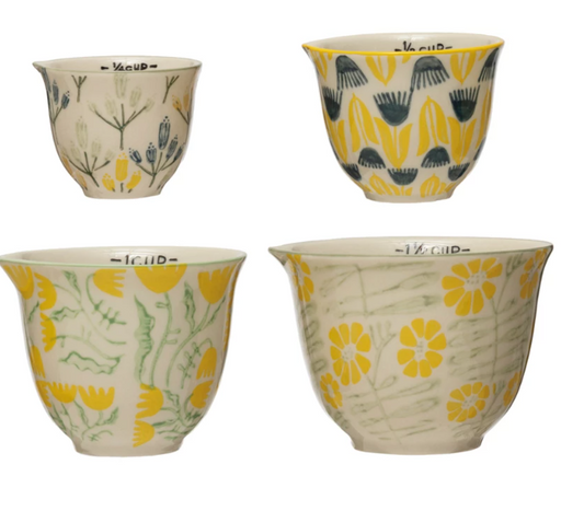 HAND-STAMPED STONEWARE MEASURING CUPS WITH FLOWERS - SET OF 4