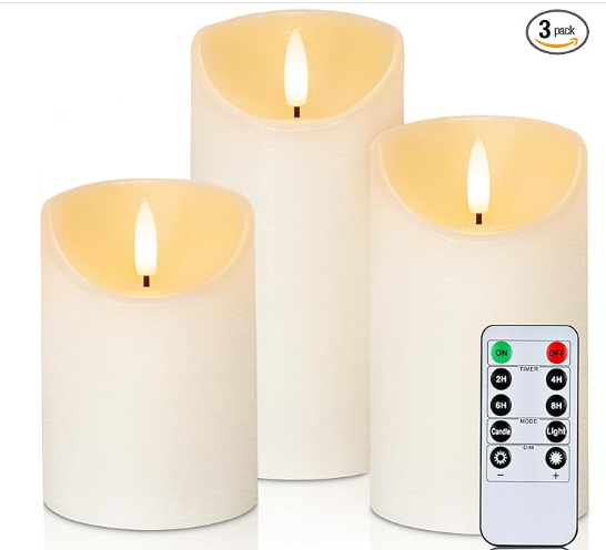 REAL WAX LED 3" DIA. PILLAR CANDLES -IVORY / 3 PACK