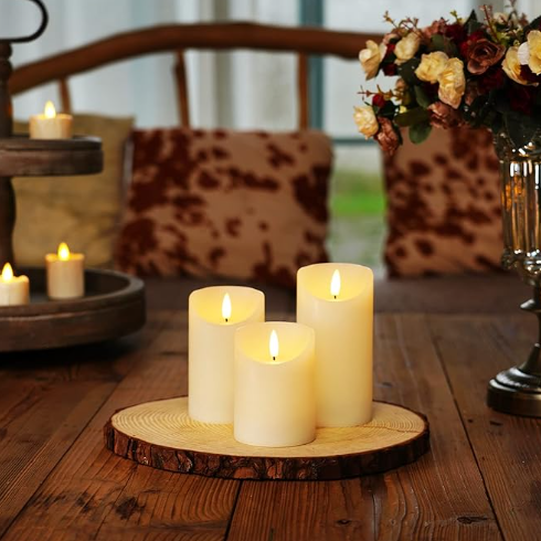 REAL WAX LED 3" DIA. PILLAR CANDLES -IVORY / 3 PACK