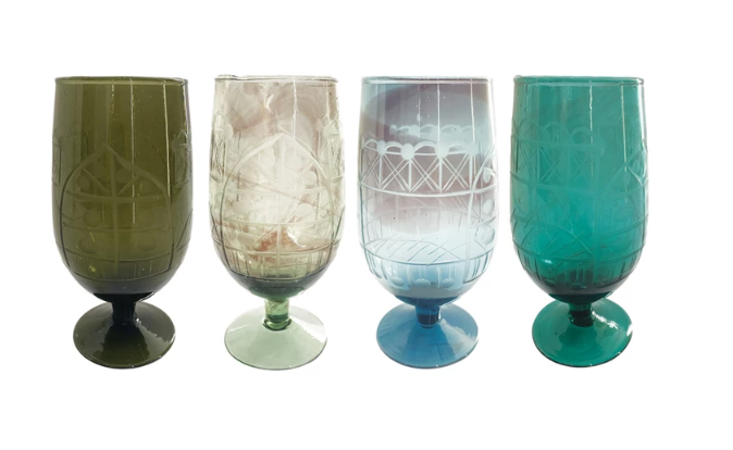 HAND BLOWN ETCHED RECYCLED DRINKING GLASS OR VOTIVE HOLDER - ASSORTED COLORS AND SIZES