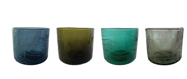 HAND BLOWN ETCHED RECYCLED DRINKING GLASS OR VOTIVE HOLDER - ASSORTED COLORS AND SIZES
