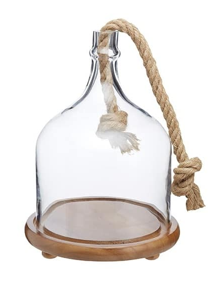 CHEESE BOARD WITH GLASS CLOCHE W/RUSTIC ROPE HANDLE