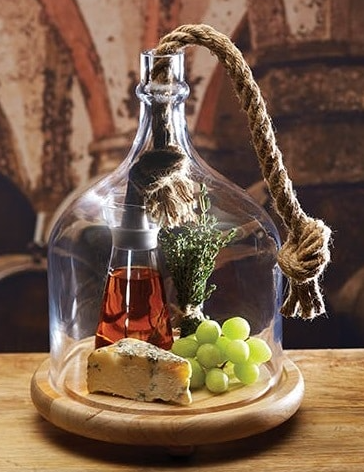 CHEESE BOARD WITH GLASS CLOCHE W/RUSTIC ROPE HANDLE